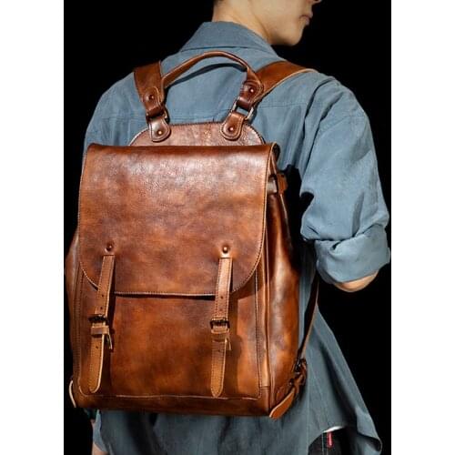 Handmade retro mens school bag, leather backpack, vegetable tanned leather travel backpack, fashionable computer bag