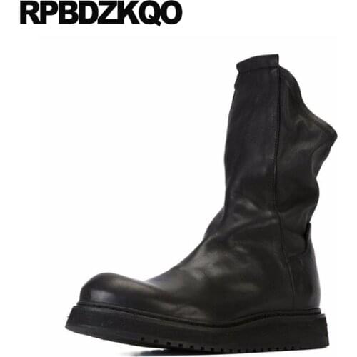 Designer Fall High Quality Slip On Mid Calf British Style Winter Men Boots With Fur Genuine Leather Wedge Shoes Black Full Grain