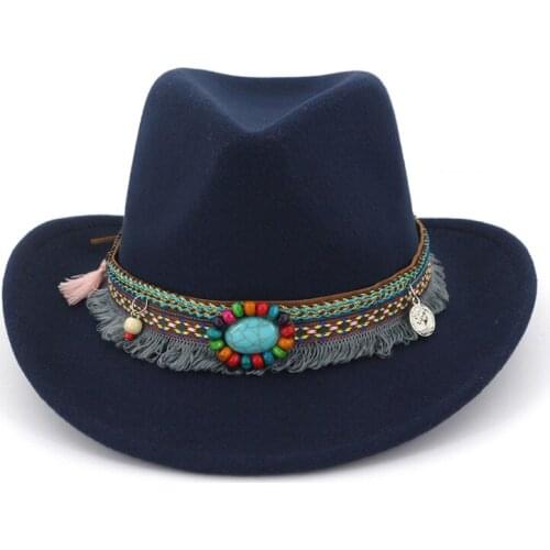 2019 New Handmade Wool Felt Cowboy Fedora Hats with Ethnic Band Roll Brim Jazz Formal Hat Men Women Carnival Party Trilby Hat