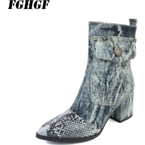 The new 2018 womens shoes fall and winter high heels wear beaded denim and stiletto womens boots knight boots