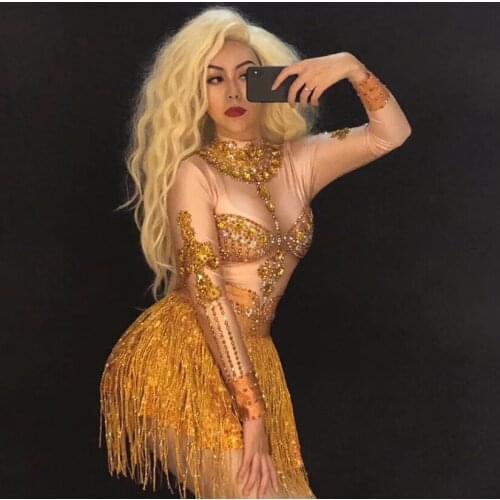 New sexy fringe Sparkly Gold Rhinestones Tassel Dress Stage Costume Womens DJ Singer Dance Long Sleeves gogo costumes