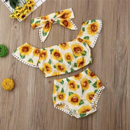 Toddler Baby Girl clothes off shoulder pullover short sleeve Tops Flower print Tassel Shorts bow Headband 2pc kids cotton Outfit