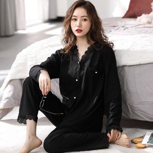 Autumn Women 100% Cotton Home Clothes Female Long Sleeve Ruffles Blouse Loose Pants 2 Piece Set Home Suit Sleepwear Pajamas Set