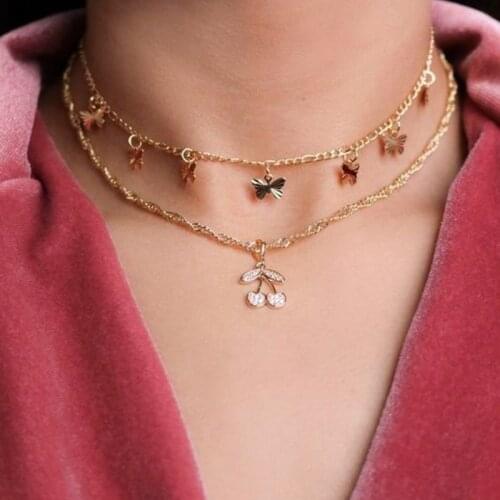Sweet Women Fashion Crystal Cherry Butterfly Pendant Multilayer Necklace Gold Color Cute Necklace Set Jewelry Gifts