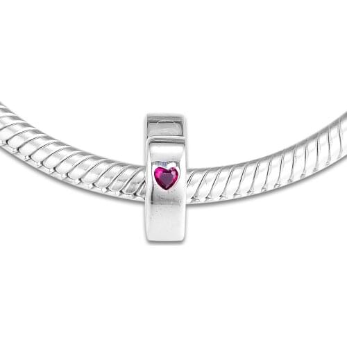 Fits for Pandora Charms Bracelets 100% 925 Sterling-Silver-Jewelry Two Hearts Spacer Beads with Red CZ Free Shipping
