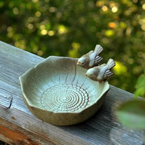 Retro Bird Bath Bird Feeder Statue Cartoon Aquarium Art Decor Ornaments