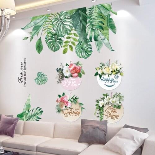 [SHIJUEHEZI] Green Tropical Leaves Wall Stickers DIY Flower Plant Mural Decals for Living Room Kitchen Home Wedding Decoration