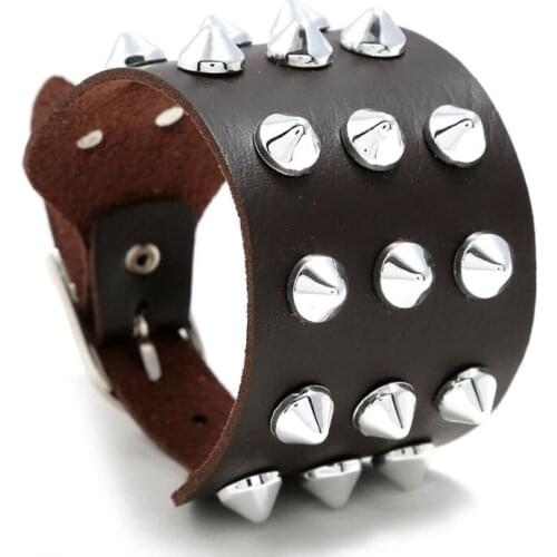 Punk Fashion Men Spikes Rivets Wide Belt Bracelet Vintage Leather Charm Wristbands Wrap Bangles Woman Biker Gothic Rock Jewelry