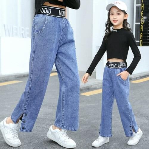 Blue fashionable children jeans cotton spring autumn girls middle big jeans mid waist solid color Korean jeans pants