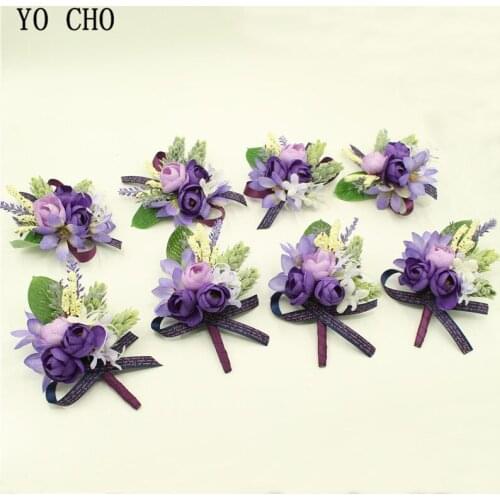 YO CHO Fashion Noble Purple Series Wrist Flower Rose Silk Ribbon Bride Corsage Hand Decor Wristband Bracelet Bridesmaid Band