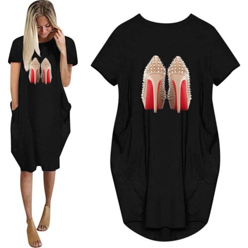 Pink High Heels Shoes Print 90s Ladies Print Women Summer Dress With Pocket Ladies O Neck Tops Female T Shirt Dress