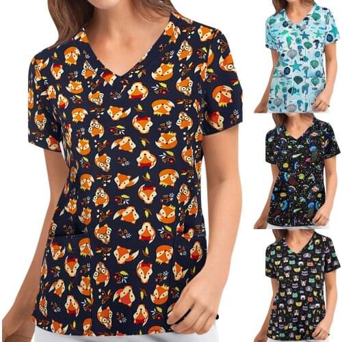 Women Fashion Cartoon Animal Print Short Sleeve Tops Clinical Working Uniform Blouse T-shirt Nurse Uniform Plus Size Breathable