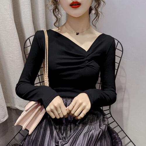 Woman Tshirts Black Long-Sleeved T-shirt Autumn Winter Womens V-neck Top Tops Mujer Camisetas