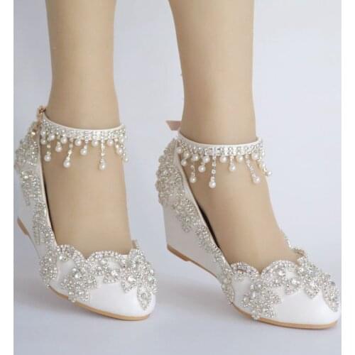 Luxury crystal 5cm wedges heel womens wedding shoes bride NQ168 ankle straps ladies bridal white wedged heels party pumps