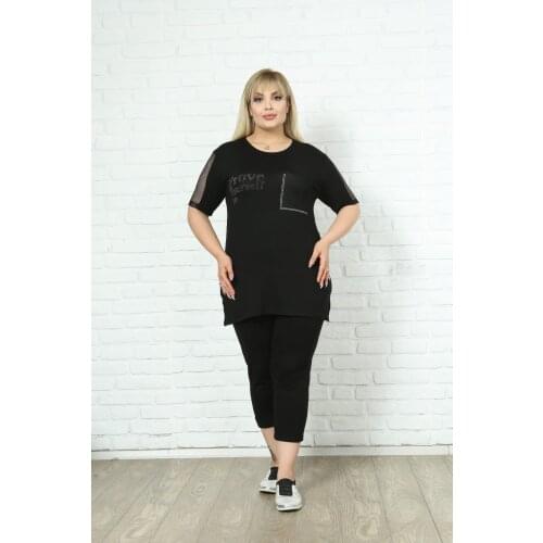 Diaves Plus Size Women Summer Fashion Two Pieces Lace Short Sleeves Causal Viscon Capri Pants Blouses Sets Turkish Quality