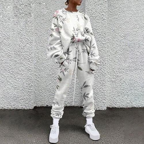 Plus Size Casual Fashion 1 Set Top Pants Set Tie Dye Floral Print Women Round Neck Pullover Drawstring Pants for Sports 2021 New