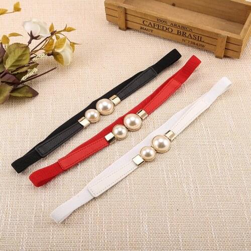 Women Double Pearl Belt Female Black Red White Dress Skirt Waist Elastic Thin Belts Ladies Designer Waistband