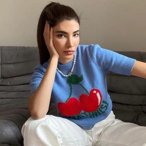 Summer knitted T-shirts Women Fashion Cherry Pattern Crew Neck Short Sleeve Crop Tops Cute Streetwear Tees