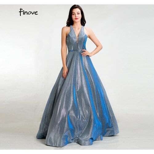 Finove Elegant Evening Dresses 2020 New Sexy Deep V Neck Simple A Line Reflective Dress Formal Gowns For Woman robe de soiree