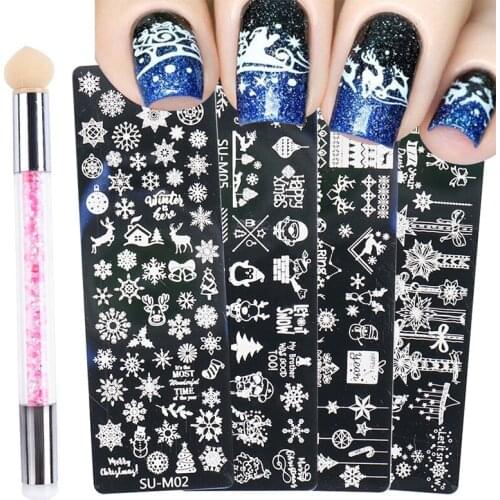 1 Set Nail Art Stamp Plates Nail Polish Print Leaf Flower Elk Christmas Tree Snowflake Christmas Stamper Scrapper Sponge