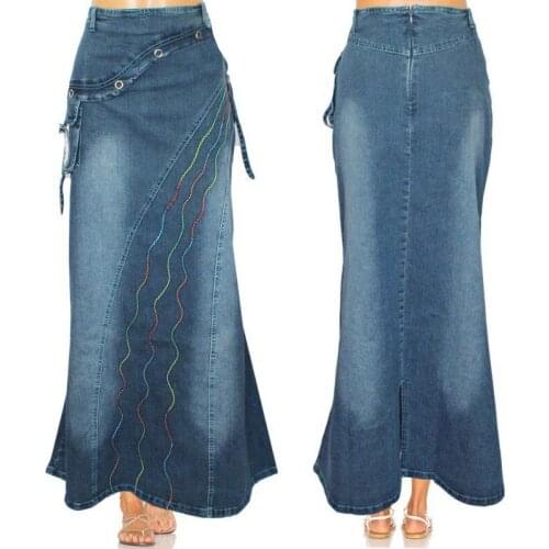 2021 Summer Womens Retro Jeans Skirts Plus Size Literary Style Stitching Expandable Fishtail Denim Skirt High Waist Denim Skirt