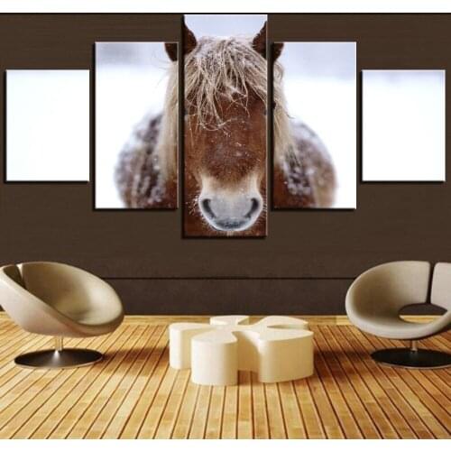 5 Pieces Brown Horse in Winter Canvas Wallpapers Animal Wall Art Painting Posters Cool Pictures For Modern Decor White Snow
