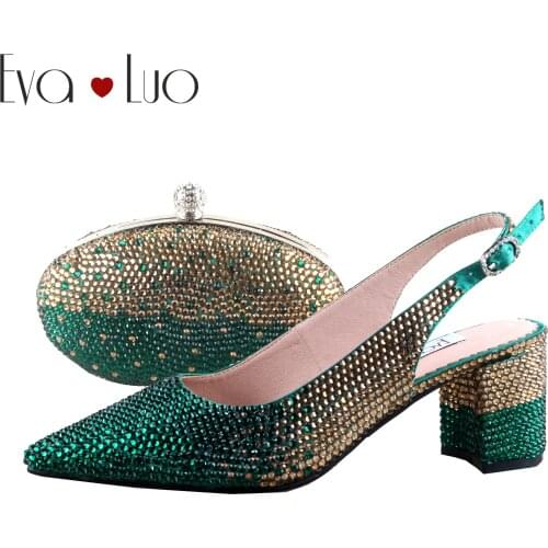 BS1156 Custom Made Green Gold Crystal Pointed toe Shoes with Matching Bags Set Slingbacks Block Heel Women Bridal wedding Shoes