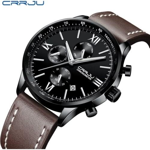 CRRJU Mens Chronograph Luxury Leather Wristwatches Casual Sports Design Waterproof Clock Male Business Fashion Quartz Watches