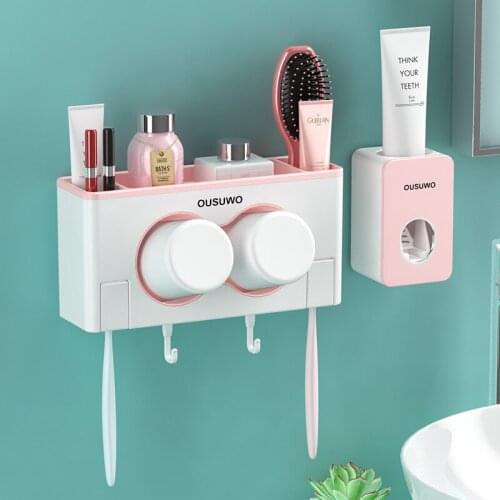 Toothbrush Holder Automatic Toothpaste Dispenser With Cup Wall Mount Toiletries Storage Rack Bathroom Accessories Set