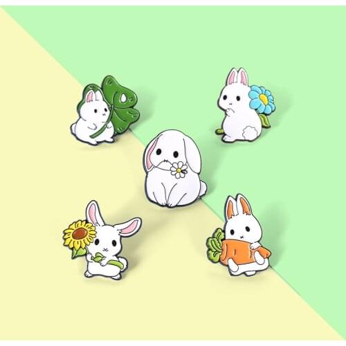 White Rabbit Enamel Pins Cute Sunflower Carrot Brooches Badge Accessories on Backpack Cap Gift for People Who Love Bunny Jewelry