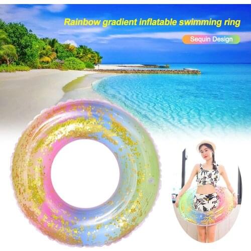 Rainbow gradient inflatable swimming ring Foldable translucent sequined swimming ring water sports beach party toy 60/70/80/90