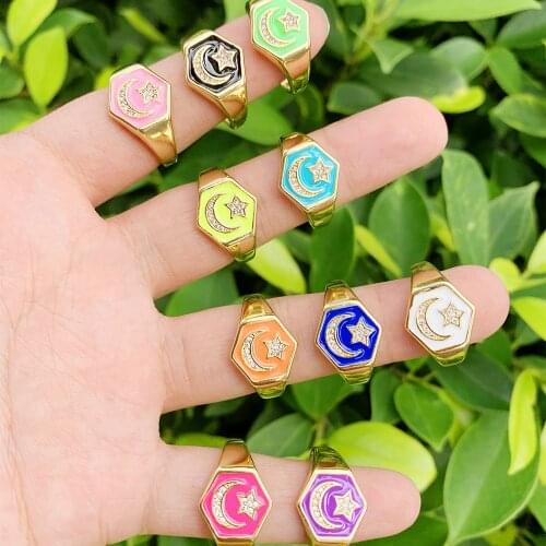 Dainty Delicate Minimalist Gold Plated CZ Micro Pave Moon and Star Rings for Ladies