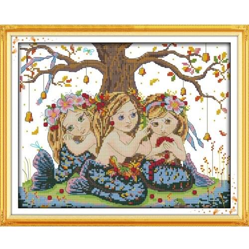 Joy Sunday Three Mermaid Chinese Cross Stitch Kits Ecological Cotton Clear Stamped Printed 11CT DIY Wedding Decoration For Home
