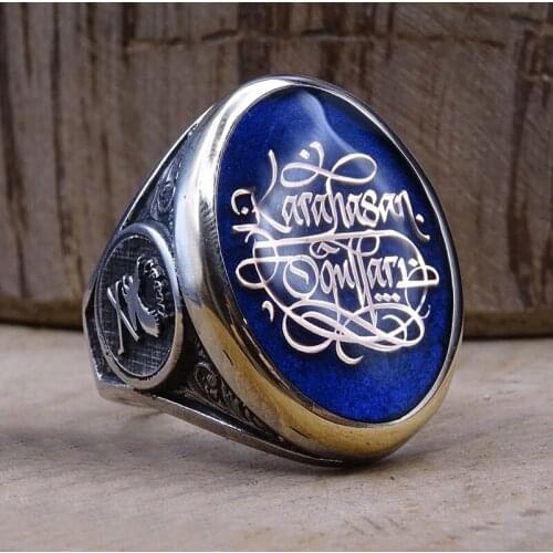 Punk Mens Arabic Finger Ring Hip Hop Eagle Totem Deep Sea Blue Stone Ring Turkey Jewelry Masculine Gift bague homme