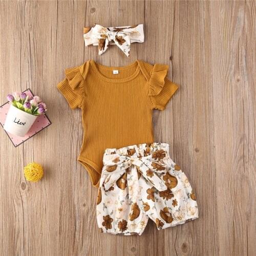 3pcs Set Infant Baby Girls Clothes Sets Ruffles Short Sleeve Romper Tops+Floral Shorts+Headband 0-24M