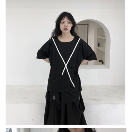 Large size summer cross design womens niche bottom shirt wide version Short Sleeve Black loose inside with T-shirt