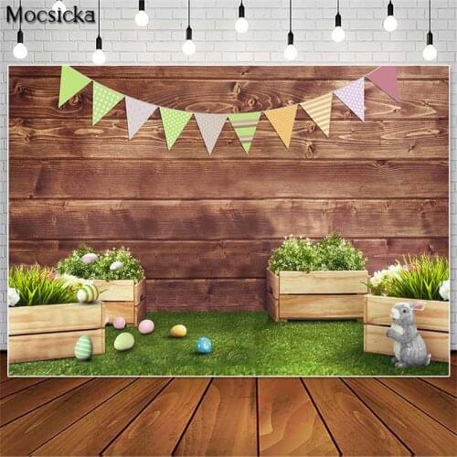 Mocsick Spring Easter Cake Smash Photography Backdrops Lawn Flower Bunny Decor Wooden Board Photo Props Studio Booth Background