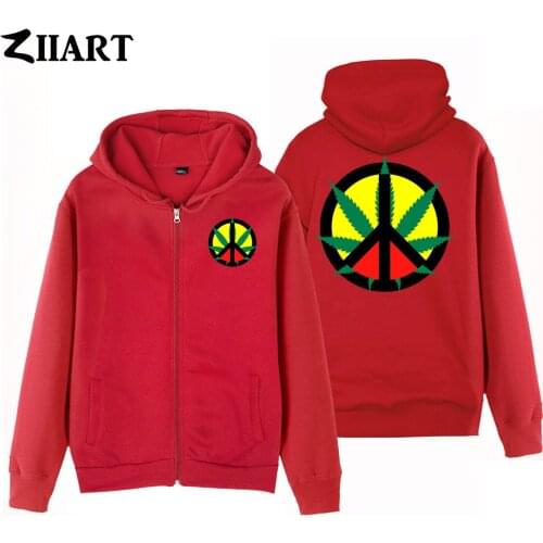 Mu Ban Man Boy Coat Full Zip Hoodie Fleece Hooded Jacket Autumn Winter Peace Symbols Plant Leaf Reggae Regge Rasta Jamaica