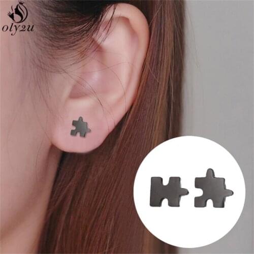 Oly2u Vintage Puzzle Toys Stud Earrings for Women Black Stainless Steel Geometric Earings Piercing Jewelry Children oorbellen