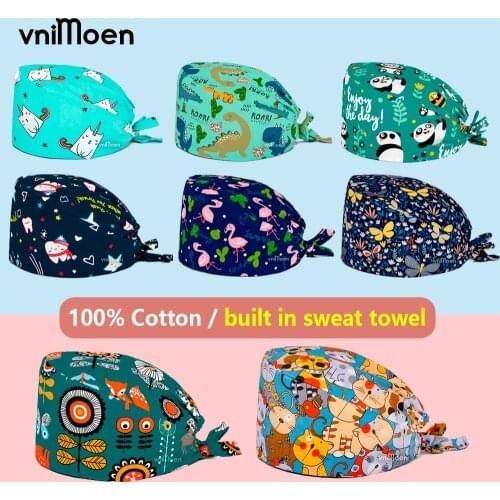 Wholesale Same series Bird pattern unisex frosted cap adjustable laboratory cotton cap medici infermiera chirurgia printing cap