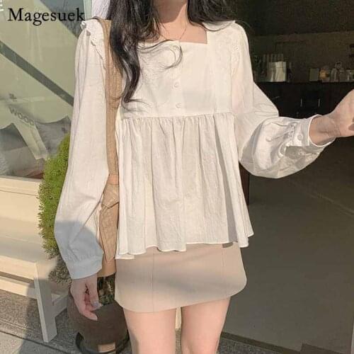 2020 Autumn Sweet Lantern Long Sleeve Square Collar Blouse Women Solid White Lace Splice Folds Pullover Loose Shirt Blusas 11201