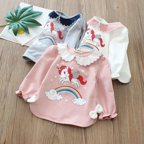 Autumn Baby Girls T-shirt Long Sleeve Clothes Tees Cartoon Rainbow Unicorn Horse T-shirts Cotton Peter Pan Collar Tops Wholesale