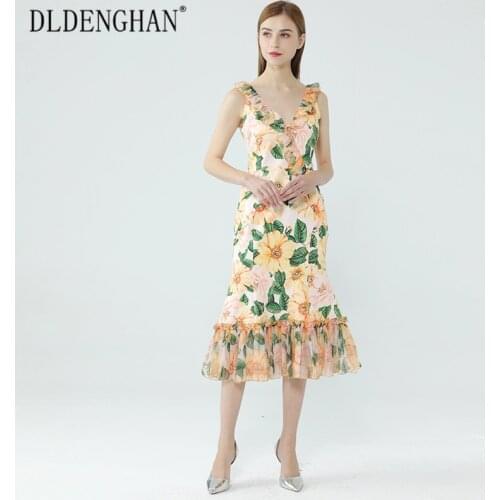 DLDENGHAN Fashion Floral Print Summer Mermaid Dress Women V-Neck Sleeveless Ruffles Sexy Package Buttocks Dresses Designer New