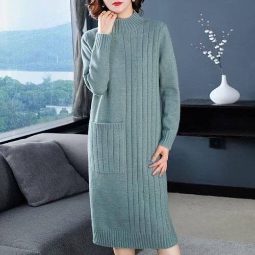 Women Sweater Dress Autumn Winter Long Thick Sweater Fashion Pockets Knit Dress Elegant Ladies Knitwear Pullovers