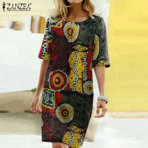 Vintage Floral Printed Dress Women Summer Sundress ZANZEA Bohemian Short Sleeve Cotton Knee-length Vestidos Dresses