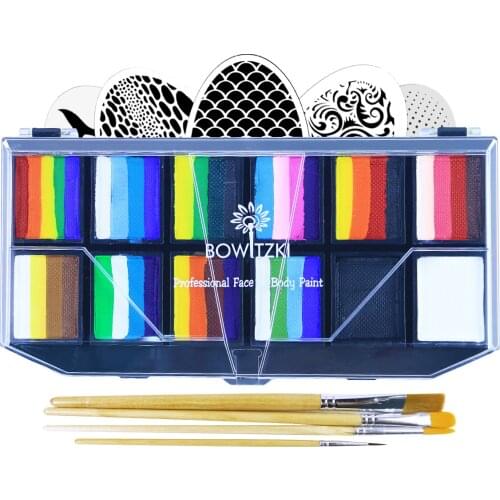 Bowitzki Professional Face Painting Kit for Kids Adults 12x10gm Body Paint Stencil One Stroke Split Cake Rainbow Halloween