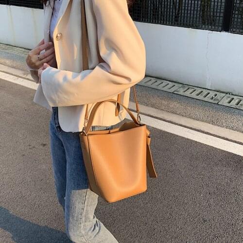 Retro Simple Color Korean Shoulder Bag Pu Bucket Bag Female Students Crossbody Bags