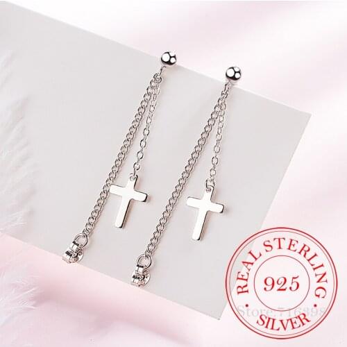 100% 925 Sterling Silver Tassel Cross Stud Earrings For Women Girl Kids 2021 Korean Wedding Jewelry boucle oreille femme