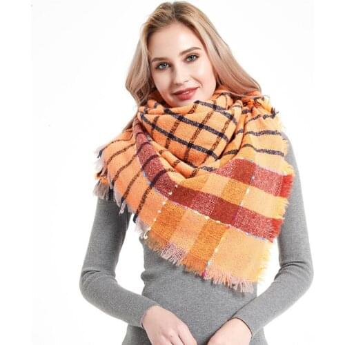 2020 New Orange Polyester Prickle Large Square Plaid Scarf Women Autumn Winter Warm Wool Shawl Scarfs For Ladies