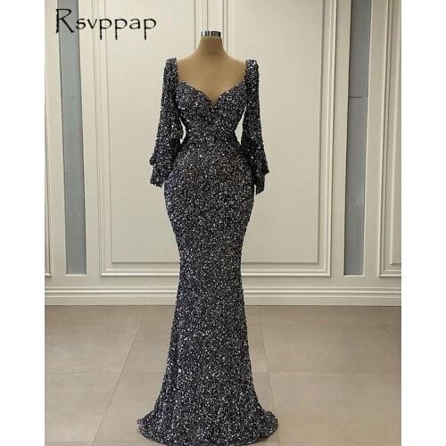 Sparkly Long Evening Dress 2021 Mermaid Long Sleeve Sweetheart Grey Sequined African Women Party Formal Gowns